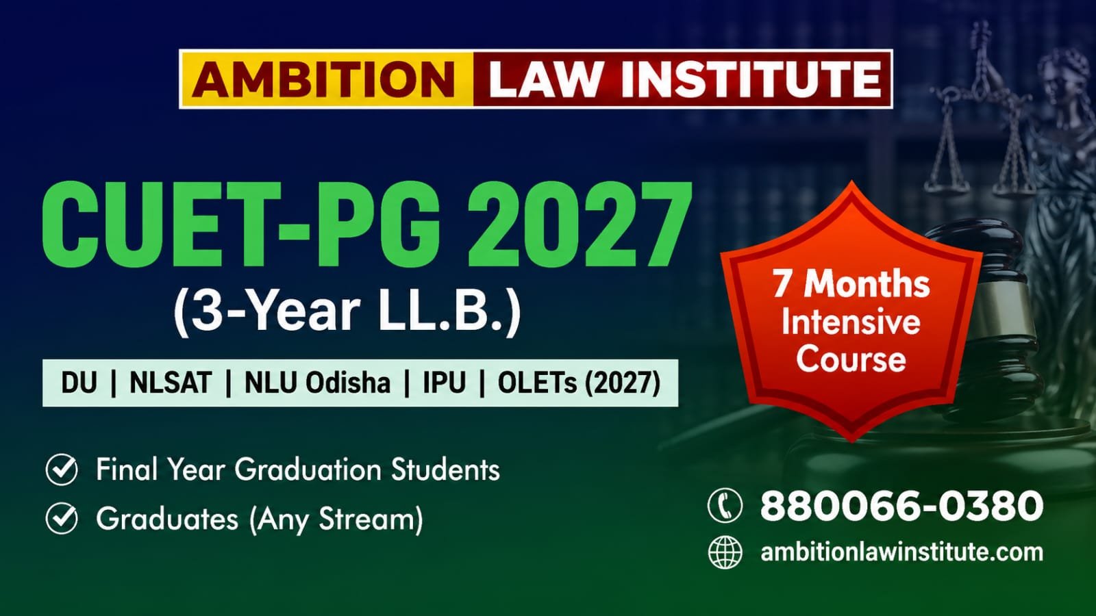 CUET-PG 2026 (3-Year LL.B.)  DU | NLSAT | NLU Odisha | IPU | OLETs (2027)